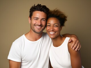 Obraz premium Portrait of a joyful mixed couple wearing casual blank clothes and smiling. Isolated on a plain colored background. Generative AI.