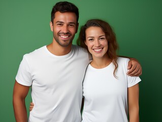 Obraz premium Portrait of a joyful couple of models wearing casual white blank clothes and smiling. Isolated on a plain colored background. Generative AI.