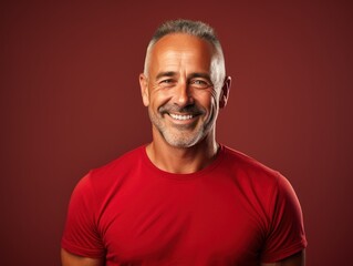 Portrait of a joyful dude model wearing casual blank clothes and smiling. Isolated on a plain colored background. Generative AI.