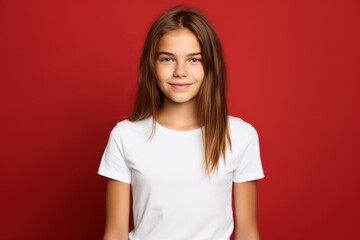 Obraz premium Portrait of a joyful child model wearing casual blank clothes and smiling. Isolated on a plain colored background. Generative AI.