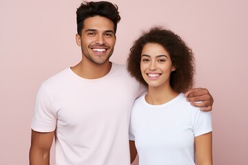 Fototapeta premium Portrait of a joyful couple wearing casual blank clothes and smiling. Isolated on a plain colored background. Generative AI.