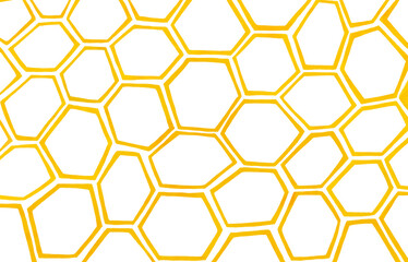 Beehive honeycomb hand drawn background. Watercolor texture hexagon grid cells backdrop. Yellow bee honey cartoon illustration. Organic honey design, wallpaper, banner, pattern, template, wrap paper.