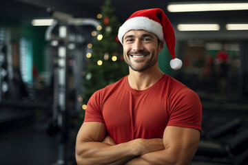 Christmas Xmas New Year Eve December holiday celebration concept. Young fitness coach male man...