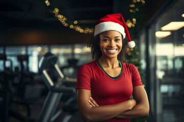 Young fitness coach African American woman female personal trainer in red Christmas hat in sport club interior. Xmas New Year Eve December holiday celebration concept.  Getting fit healthy resolutions - obrazy, fototapety, plakaty