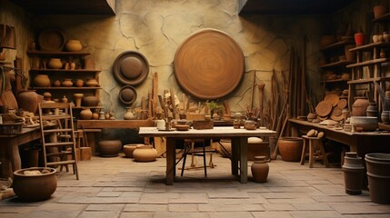 A pottera??s studio with clay, a spinning wheel, and freshly sculpted vases. - obrazy, fototapety, plakaty