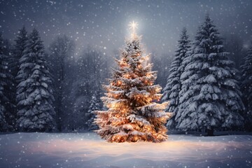 a snowy outdoor scene featuring a radiant Christmas tree adorned with sparkling lights and...