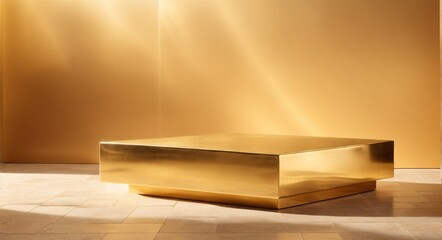Golden Square podiums. gold podium pedestal on advertising display with blank backdrops. Empty gold pedestal for product presentation. Cube Pedestal Template. 3D rendering.