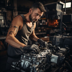 A professional man mechanic working on a car engine in a garage. Car repair service. Hands wear mechanic gloves. Mechanic holding a tool to tighten the nut. Engine cover