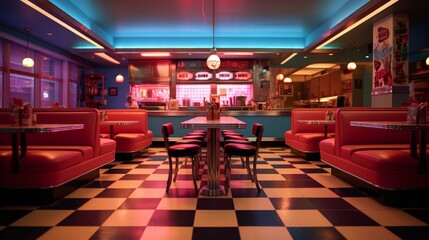 A retro diner with checkered floors and neon signage, absent of patrons.