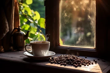  Cup of hot Coffee on a wooden cottage windowsill and a warm autumn blurred Background Outdoor © MD Media