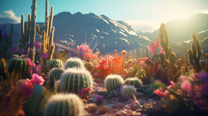 daytime sun in desert with cactus, mountains, colors 3d generative ai - obrazy, fototapety, plakaty