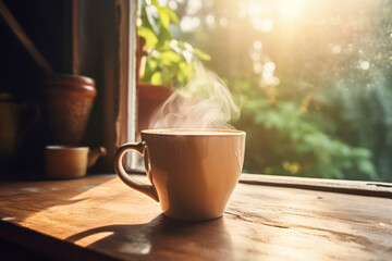 Cup of hot Coffee on a wooden cottage windowsill and a warm autumn blurred Background Outdoor