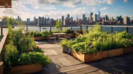 Fototapeta premium A rooftop garden with raised beds of herbs and a cityscape on the horizon.