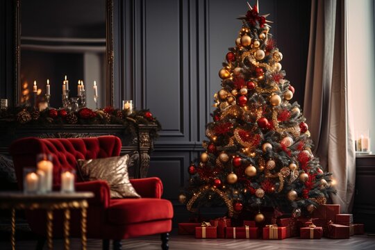 a beautifully decorated Christmas tree in a cozy living room, with soft-glowing lights creating a warm and inviting ambiance