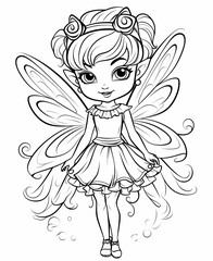 Fairy coloring book page for kids with simple details. Cute cartoon little fairy blows fairy for coloring on white background © elit76_d