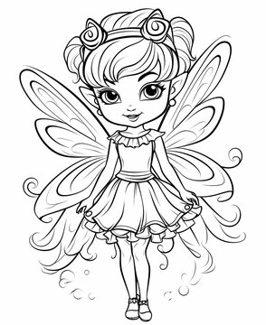 Fairy coloring book page for kids with simple details. Cute cartoon little fairy blows fairy for coloring on white background