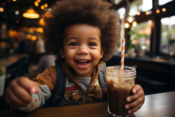 Happy smiling cheerful African American toddler kid takes selfie while drink smoothie milkshake with cream beverage with straw in family cafe. Little child spend time leisure in indoor restaurant bar - obrazy, fototapety, plakaty