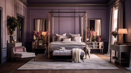 A serene bedroom featuring lavender walls and an opulent four-poster bed.