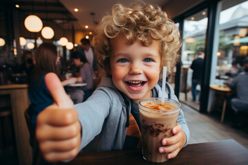 Little child spend time leisure in indoor restaurant bar. Happy smiling cheerful toddler kid boy shows thumb up while drinking smoothie milkshake with cream beverage with straw in family cafe