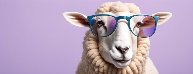 Obraz premium Sheep in sunglass shade on a solid uniform background, editorial advertisement, commercial. Creative animal concept. With copy space for your advertisement