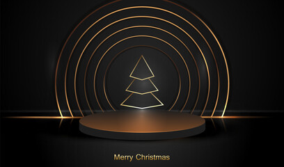 Christmas podium with gold podium and tree background. Holiday winter design with place to display product sale or gift. Happy New Year vector card.