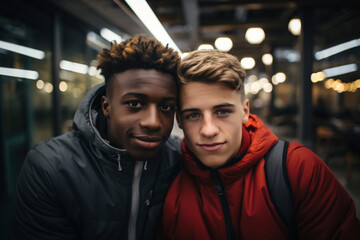 Happy generation z, millenials, multiracial LGBTQ couple relationship concept. Portrait shot of young, adult smiling, happy gay male men family or couple looking on each other in romantic love - obrazy, fototapety, plakaty