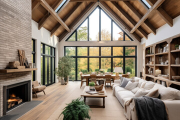Interior Design of Modern Eco Living Room In Farmhouse With Vaulted Ceiling, Big Windows and Fireplace