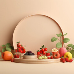 Round wooden podium with colorful fresh fruits and vegetables, minimal studio background for product showcase and healthy lifestyle concept, AI generated.