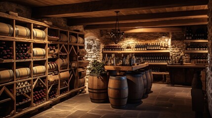 A wine cellar with rustic wooden racks holding bottles of rare vintages.