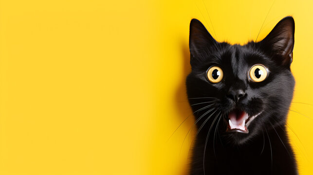 a shocked black cat on yellow background