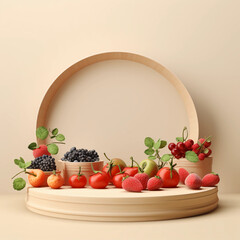 Round wooden podium with colorful fresh fruits and vegetables, minimal studio background for product showcase and healthy lifestyle concept, AI generated.