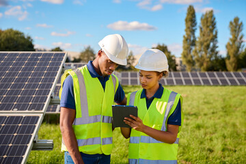 Male And Female Engineers With Digital Tablet Inspecting Solar Panels Generating Renewable Energy