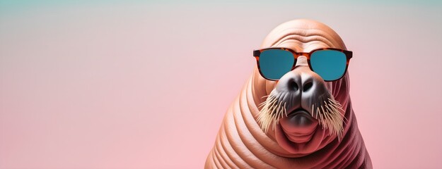 Walrus in sunglass shade on a solid uniform background, editorial advertisement, commercial. Creative animal concept. With copy space for your advertisement