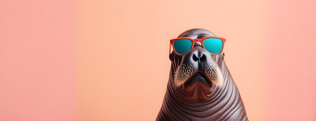 Walrus in sunglass shade on a solid uniform background, editorial advertisement, commercial. Creative animal concept. With copy space for your advertisement