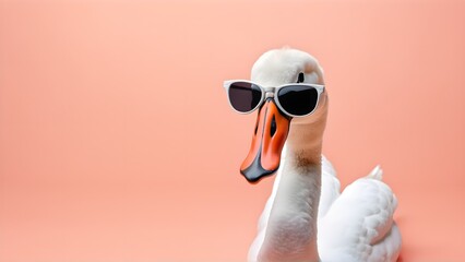 White swan in sunglass shade on a solid uniform background, editorial advertisement, commercial. Creative animal concept. With copy space for your advertisement - obrazy, fototapety, plakaty