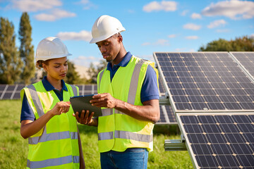 Male And Female Engineers With Digital Tablet Inspecting Solar Panels Generating Renewable Energy