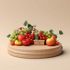 Round wooden podium with colorful fresh fruits and vegetables, minimal studio background for product showcase and healthy lifestyle concept, AI generated.