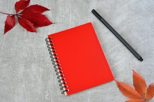 red diary with pencil and maple leaves on the gray background flat lay  