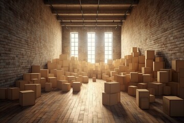 Boxes moving inside vacant space. Generative AI