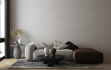 Home interior, luxury modern white living room interior, furniture decor mock up, white sofa decor, 3d render.
