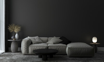 Home interior, luxury modern dark living room interior, furniture decor mock up, white sofa decor mock up, 3d render.