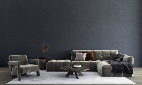 Home interior, luxury modern dark living room interior, furniture mock up, grey sofa decor, 3d render.