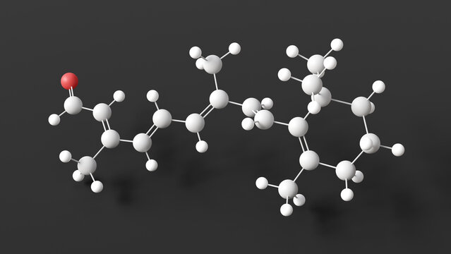 retinal molecule, molecular structure, retinaldehyde, ball and stick 3d model, structural chemical formula with colored atoms