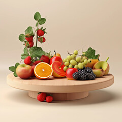 Round wooden podium with colorful fresh fruits and vegetables, minimal studio background for product showcase and healthy lifestyle concept, AI generated.