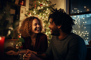 A man and a woman are laughing together as they decorate their New Year's tree with sparkling baubles and delicate tinsel in their apartment. 