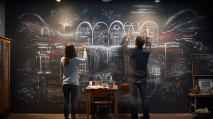 Hyperrealistic precision is applied to a couple writing down their meticulously planned New Year's resolutions on a meticulously created chalkboard wall adorned with flawless chalk 