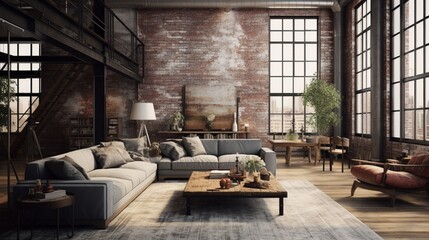 Step into a loft living space that seamlessly blends vintage charm with industrial vibes.