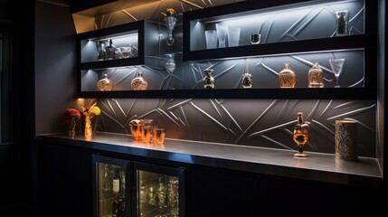 Stylish Wet Bar with a Mirrored Backsplash and Illuminated Shelves.