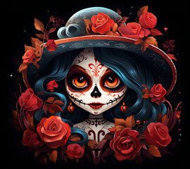 Day of the Dead portrait of a chibi girl with a wreath of roses and flowers
