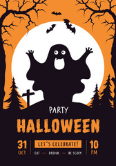 Halloween Party flyer vector illustration with a ghost on orange background. Holiday design template for party invitation, greeting card, banner.